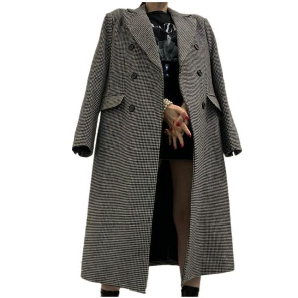 

women's wool & blends winter houndstooth woolen tweed long coat women french style double breasted vintage fashion overcoat, Black
