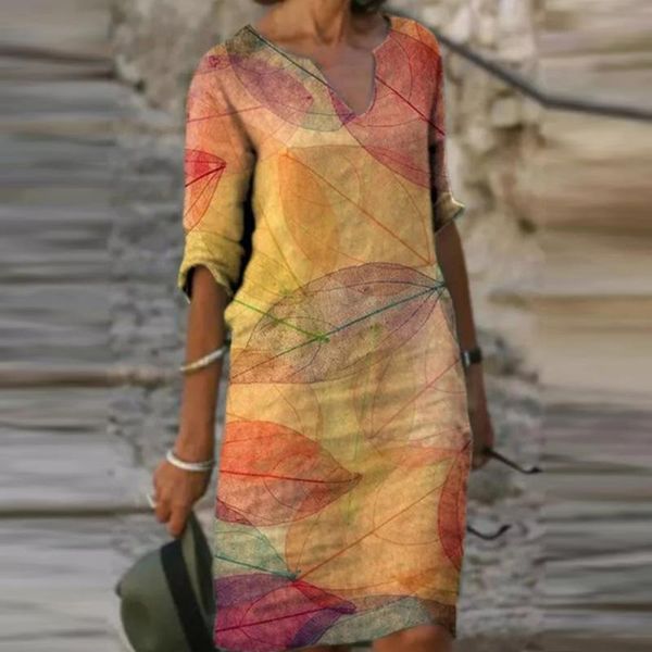 

casual dresses 40# vintage print dress women v neck half sleeve knee length loose cotton linen femme, Black;gray