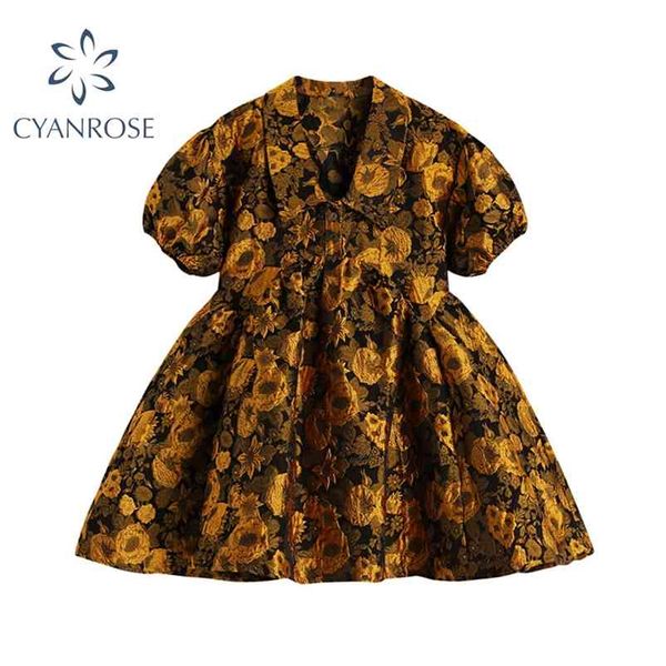 

women high waist dress summer vintage elegant korean chic yellow flower embroidery sundress short sleeve dresses female 210430, Black;gray