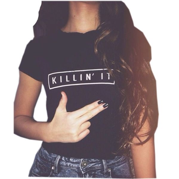 Killin Moda Cotton Women Camiseta T-shirt Tops Harajuku Tee Branco Manga Curta Preto Tshirts Casual Night Club Roupas 210607