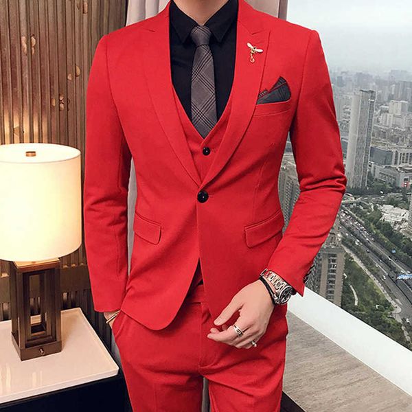 Red Slim Fit Pron Homens Ternos para Casamento 3 Parte noivo do Noivo com Pico Lapel Homem Fashion Traje Conjunto Jaqueta Colete Calças X0909