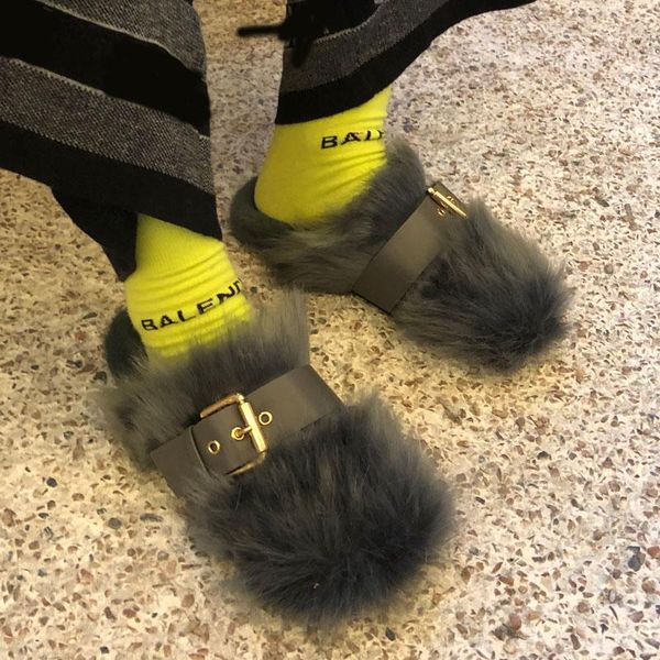 

women fur slippers winter fashion warm flats ladies slides causal female metal decoration mules soft woman furry, Black