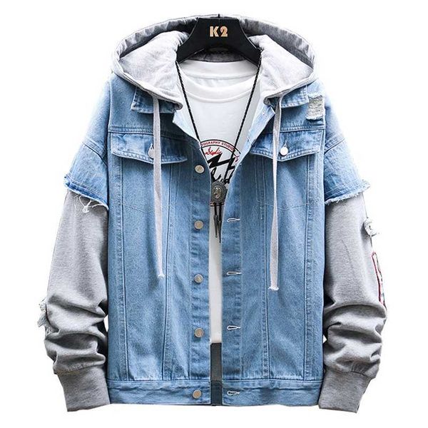 

autumn hooded paneled denim jacket men's personality trend fake two pieces cowboy coat fashion hip-hop casual street clothes 210531, Black;brown