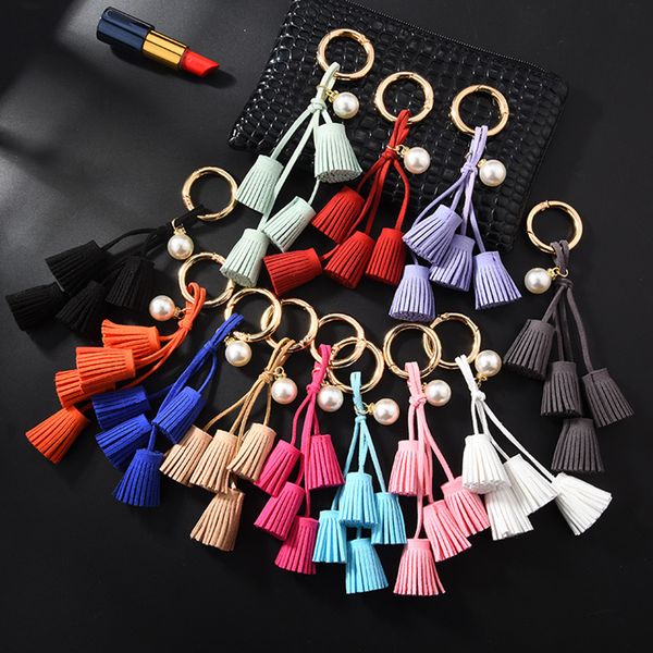 

korean velvet tassel keychain leather pearl pendant car ornaments female key chain plush bag accessories 12 styles, Silver