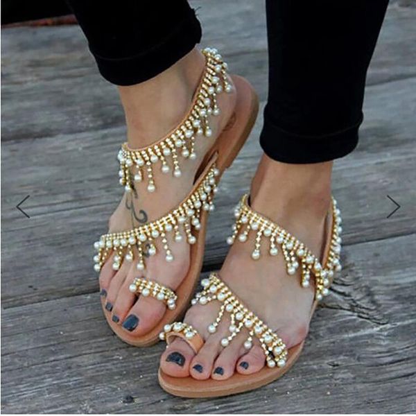 

ladies rhinestones sandals summer beach slippers for women flip flops beaded pearl sliders casual, Black
