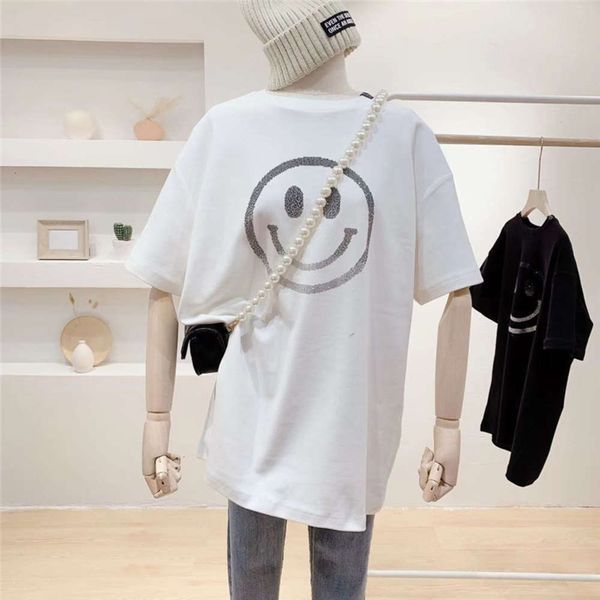 

women's t-shirt short summer dress 2021 korean ins big smile medium long loose half sleeve upper garment 6hf3, White