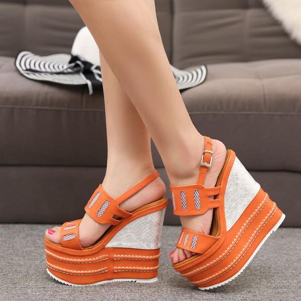 

sandals wedges ultra high heel rome 16 cm waterproof platform small size women's muffin thick sole heels 32,33, Black