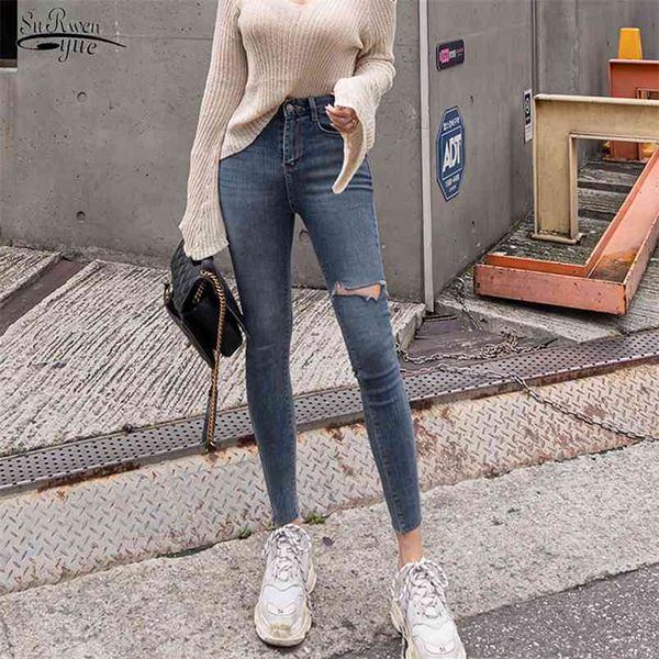 

spring plus size women jeans high waist denim with elastic skinny ripped hole stretchy fashion trousers 210421, Blue