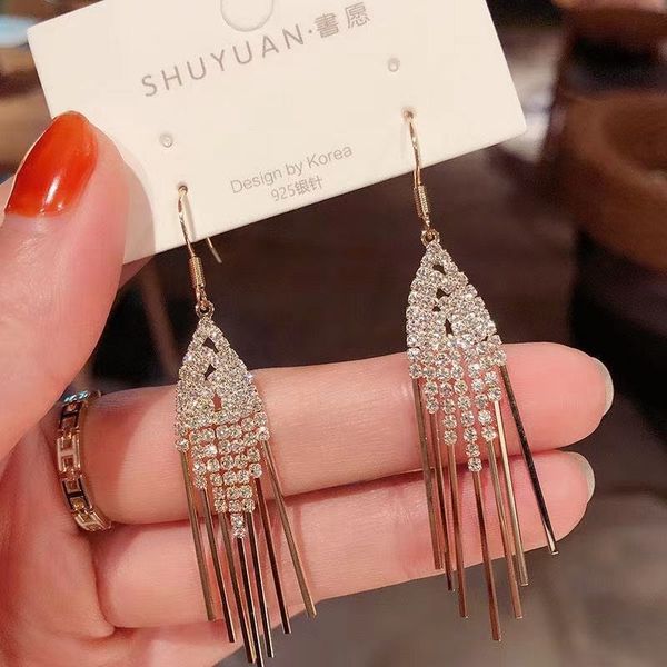 

new korean 925 silver hook simple diamond chain tassel temperament niche red fashion thin earrings, Black