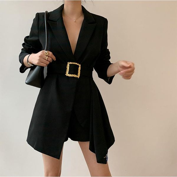 

women's suits & blazers [ewq] korea chic autumn casual trend women solid lapel tie-up coat fashion temperament long-sleeved blazer 2021, White;black