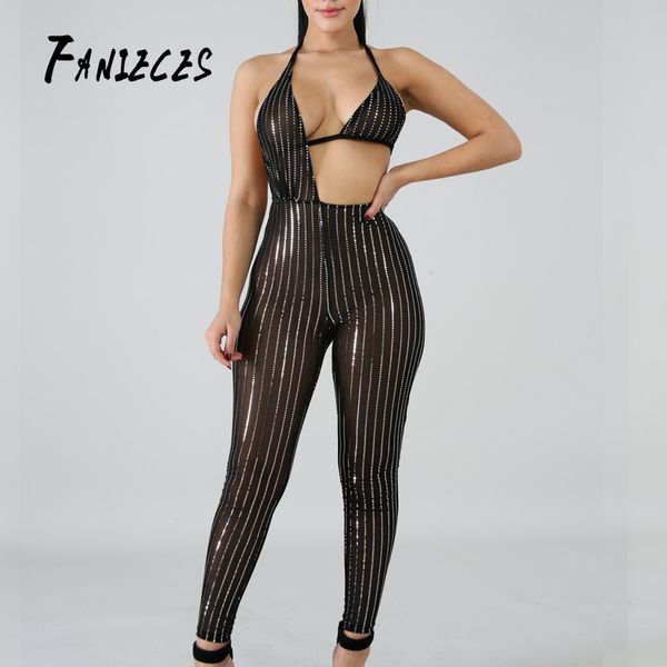 

see through black sequin jumpsuit women sleeveless sparkly bodycon jumpsuits rompers glitter club party overalls 210520, Black;white