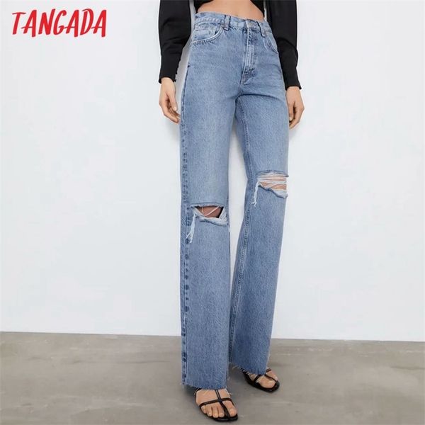 

tangada fashion women hollow ripped blue denim jeans pants trousers high waist lady pants pantalon 4m02 210730