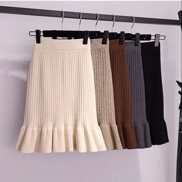 

skirts knitted autumn and winter elastic ruffled wool skirt black woman faldas jupe