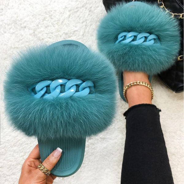 

slippers plush real fur slides designer chain fluffy flip flops ladies house summer flat sandals furry women shoes, Black