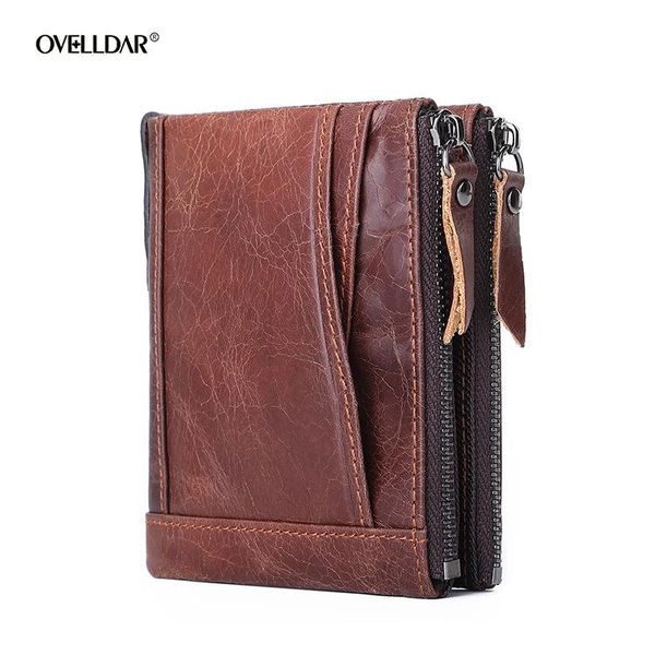 

men's wallet rfid anti-theft brush genuine leather double zipper change coin clutch oil wax wallets, Red;black