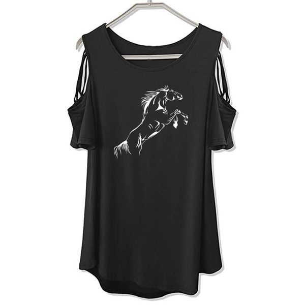 

new running horse funny t-shirt women loose cotton short sleeve female t-shirts fashion off the shoulder hollow tee 210406, White