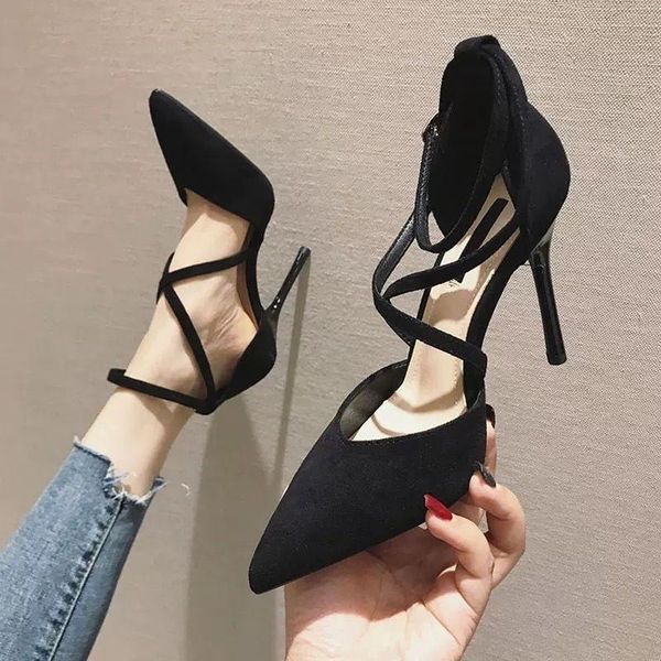 

dress shoes lace-up pointed high-heeled women's fine heeled spring 2021 wild net red french girl hollow single, Black