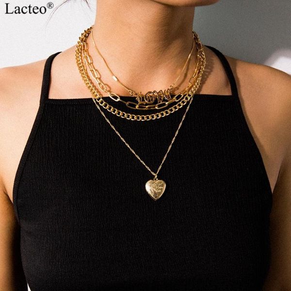 

pendant necklaces lacteo bohemian golden heart love necklace for women hip hop multi layer chunky clavicle chain choker jewelry, Silver