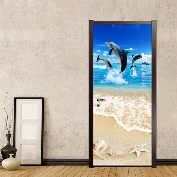 

other decorative stickers pvc self-adhesive waterproof door sticker 3d beach dolphin animal wallpaper living room toilet home decor paste