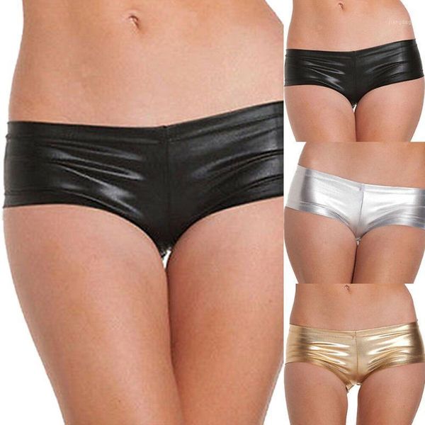 

women's panties solid high waist metallic faux leather underwear shiny wet look briefs shorts pants intimates, Black;pink