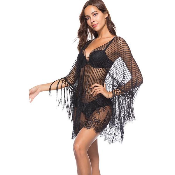 Sexy Transparente Fringed Chiffon Bikini Beach Biouse protetor solar com padrões de flores em sarongues pretos e brancos