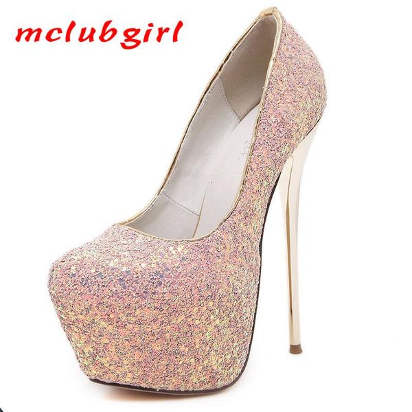 

dress shoes mclubgirl 16.5cm heels 6cm platfrom high-heeled head shallow mouth sequins color women pump16.5 cwf, Black