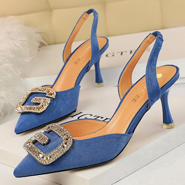 

summer elegant women 7cm high heels wedding sandals designer shallow suede yellow blue rhinestone party shoes, Black
