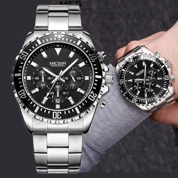 

wristwatches megir watch men analog chronograph quartz wrist full stainless steel band wristwatch auto date, Slivery;brown