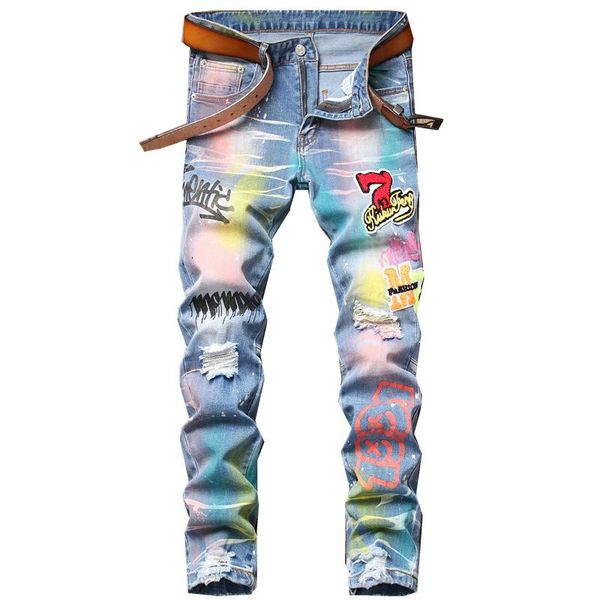 

men's jeans men ripped hole stretch denim patch design graffiti painting streetwear fashion hip hop skinny pants, Blue