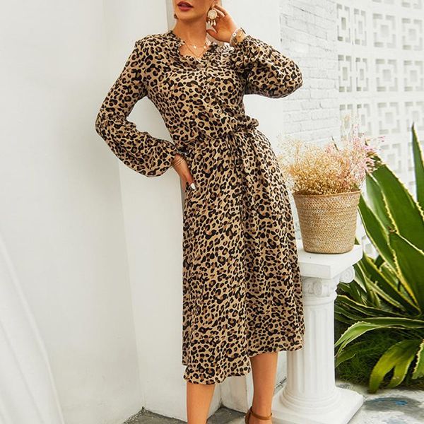

casual dresses womens long sleeve v-neck leopard printed party midi dress boho beach spring summer sashes button closure, Black;gray