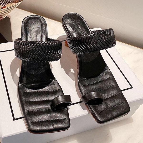 

slippers 2021 summer women's genuine leather weave square toe design one strap sandalias fashion concise style mullers pumps, Black