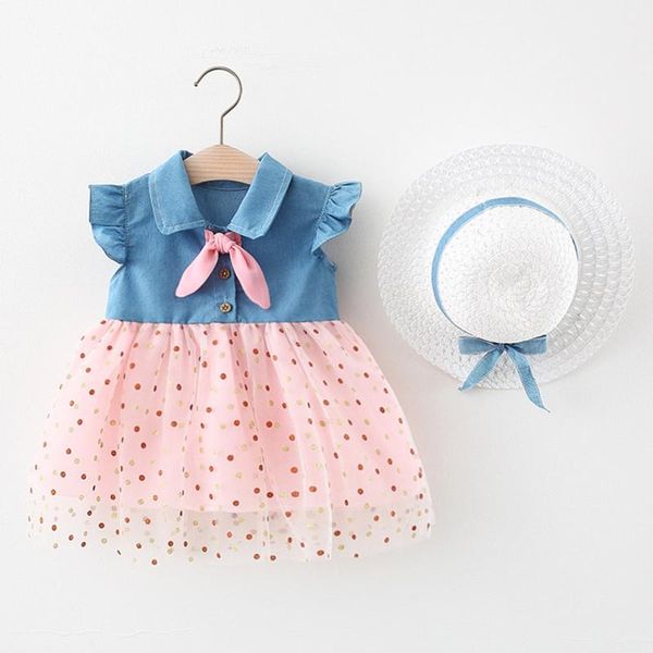 

girl's dresses baby girls clothes summer dress kids sleeveless bow dot print princess dress+hat set outfit for, Red;yellow