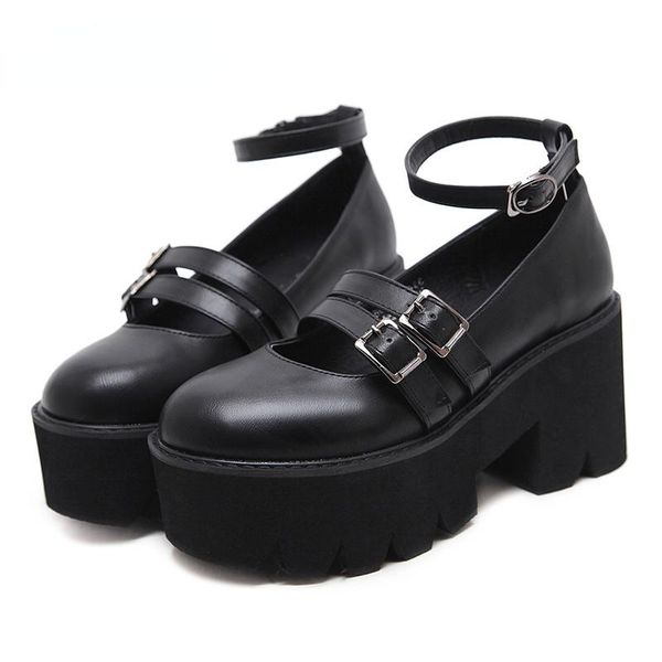 

dress shoes 2021 womens pump gothic ankle strap high chunky heels platform punk creepers female fashion buckle comfortable, Black