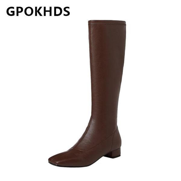 

boots gpokhds 2021 women knee-high microfiber winter short plush square toe zipper med heels female size 39, Black