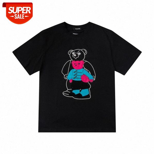 

double shadow reflective flocking bear print short sleeve men and women in the same batch #py6b, White;black