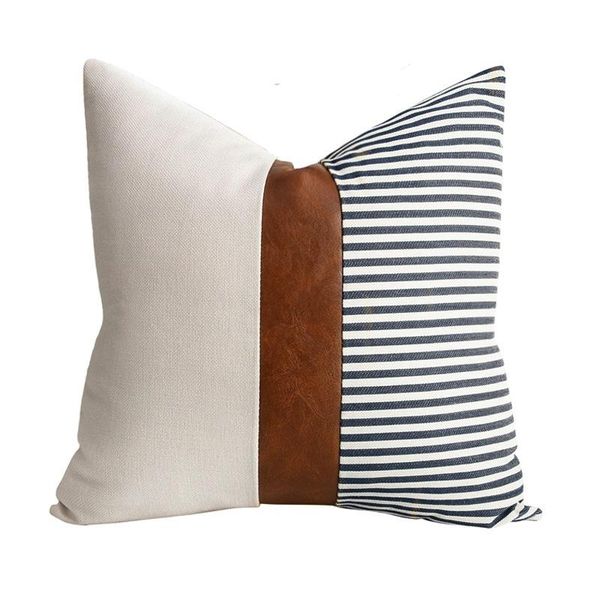 

cushion/decorative pillow nordic pu leather throw cover decor stripe canvas patchwork pillowcases for sofa bed car seat square cushion