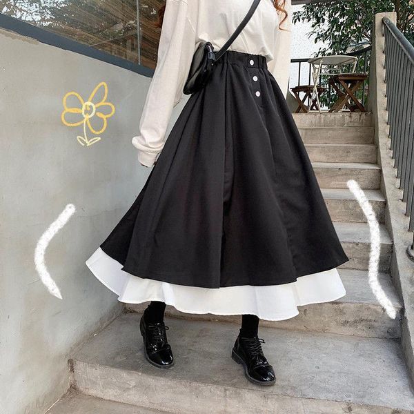 

skirts houzhou vintage elegant ruffle long skirt women kawaii black buttons patchwork a-line midi casual summer korean fashion