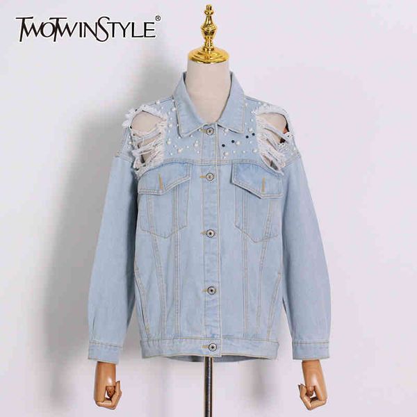

denim patchwork pearl jacket for women lapel long sleeve hole casual jackets female fashion clothing 210524, White