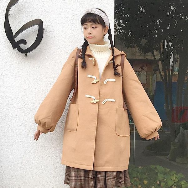 

women's wool & blends 2021 fashion winter horn button hooded preppy style long coat women spring autumn loose overcoat, Black