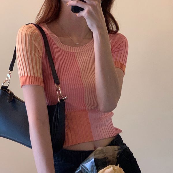 

knits color-hit sleeve knitted summer women's high waist korean slim girls short t-shirts, White