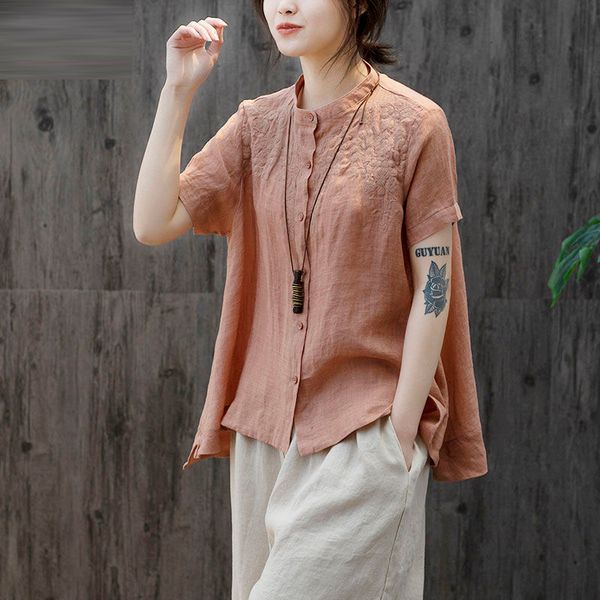 

arrival summer arts style short sleeves women loose shirts plus size cotton flax embroidered vintage blouse femme s842, White