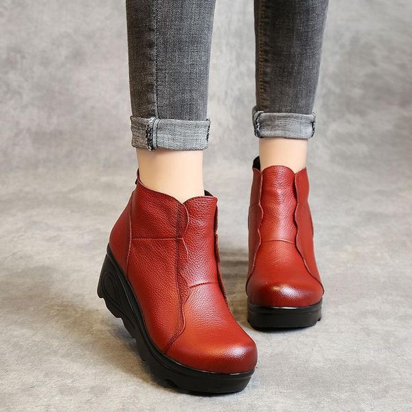 

boots women ankle winter wedges shoes female platform genuine leather woman 2021 retro warm botas mujer, Black
