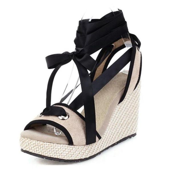 

summer beach shoes woman 2021 zapatos de mujer casual women's gladiator color-block cross straps peep toe wedge sandals heels, Black