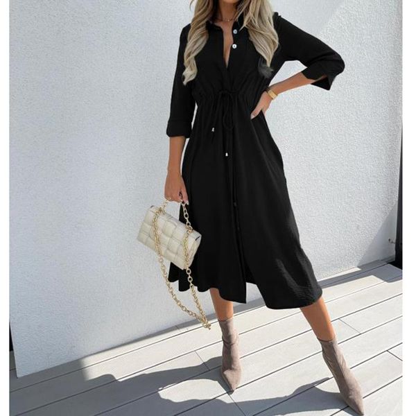 

casual dresses fashion long dress women lace-up 2021 autumn three quarter sleeve solid pink turn down collar office lady bodycon sj8365m, Black;gray