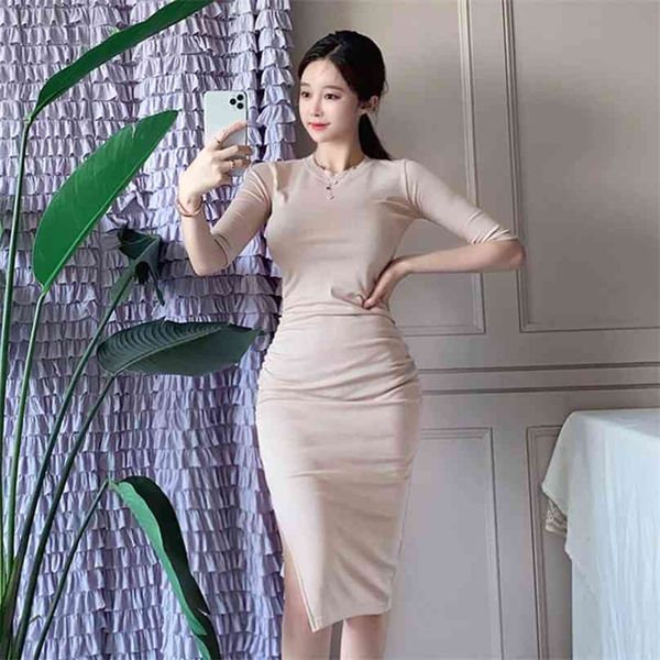 

pencil dress for women summer blue half sleeve crew neck cotton ladies office split hip 210602, Black;gray