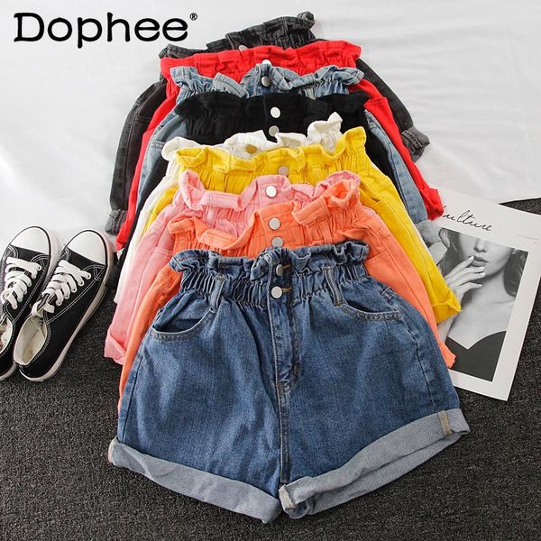 

women's shorts elastic waist denim women 2021 summer candy color high waisted loose slimming wide leg biker short pants, White;black
