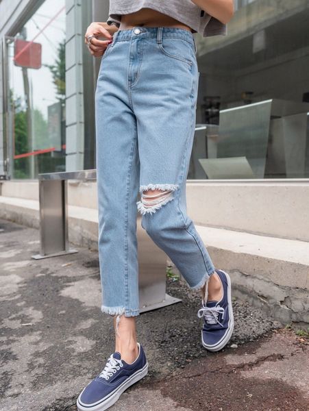 

dazy raw hem cropped straight leg jeans f2cc#, Blue