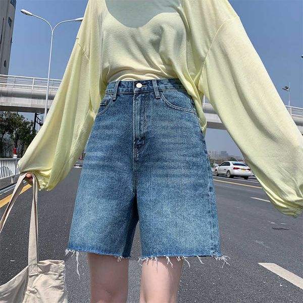 

jeans 2788 5-point women's spring and summer pants loose straight hong kong style high waist slim shorts fashion, Blue