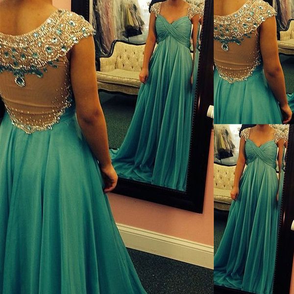 

chic blue prom evening dresses a-line square neck rhine stones major beaded cap sleeves chiffon formal party gowns celebrity dress, Black