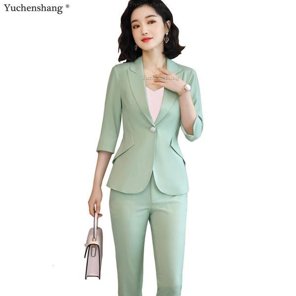 

women's suits & blazers summer spring fall women pant suit three quarter sleeve blazer with green pink apricot two piece set size s-4xl, White;black